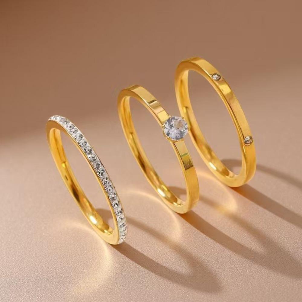 3pcs Set Trendy Charm Shining Zircon Gold Color Stainless Steel Plain Ring Set for Men Women Couple Stackable Rings Jewelry Gift