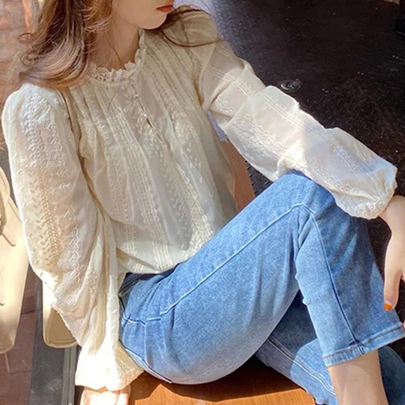 Fashion Korean Style Fashionable Long Sleeved Blouse with Embroidery Elegant Apricot Blouses Sweet Lace Shirt Casual Simple Puff Sleeve Womens Tops