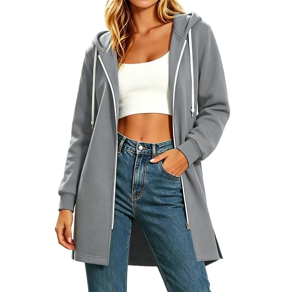 Cardigan da donna casual alla moda con cappuccio, chiusura lampo, manica lunga, vestibilità ampia con spacchi laterali
