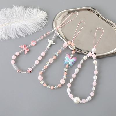 Factory Price Phone Strap Sweet Pink Butterfly Wrist Strap Phone Case Rope Simple Pearl Bow Beaded Phone Chain Lanyard Jewelry