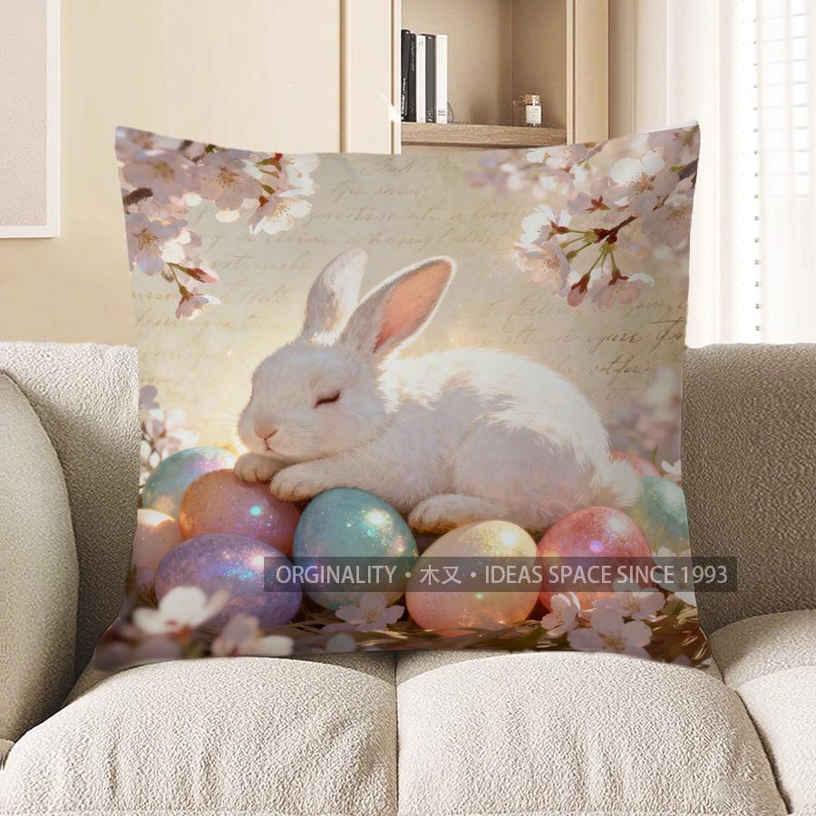 

2D Sleeping Bunny With Colorful Eggs And Cherry Blossoms Pattern Cushion Cover Suitable For Sofa Bedroom Car Pillow Cover 40x40cm