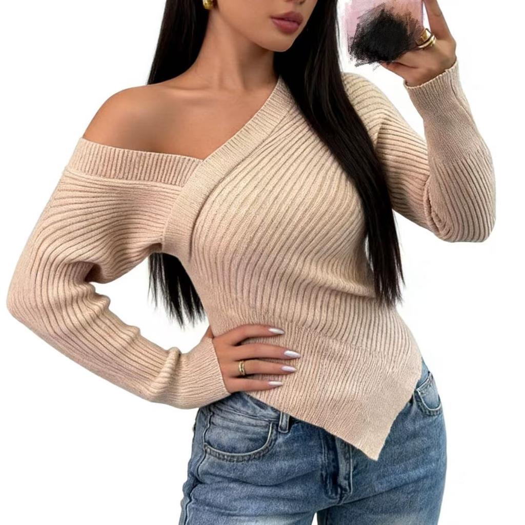 Wind Slanted Shoulder Knitted Sweater Women's Autumn and Winter Sexy Off-the-shoulder Slim-fit Irregular Hem Bottoming Shirt Women's Waist Sweater