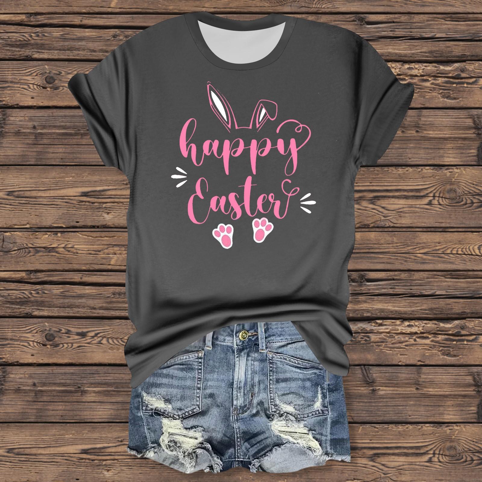 

Жіноча повсякденна футболка з принтом на Великдень, пуловер з короткими рукавами та круглим вирізом L