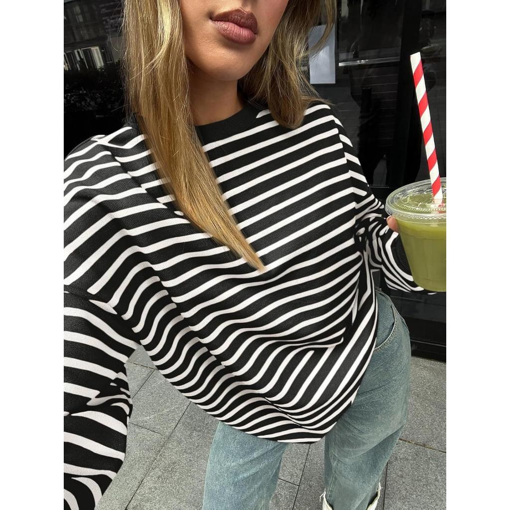 New Women's Striped Crew Neck Sweatshirt, Casual Loose Pullover T-Shirt Tops for Women Europe America