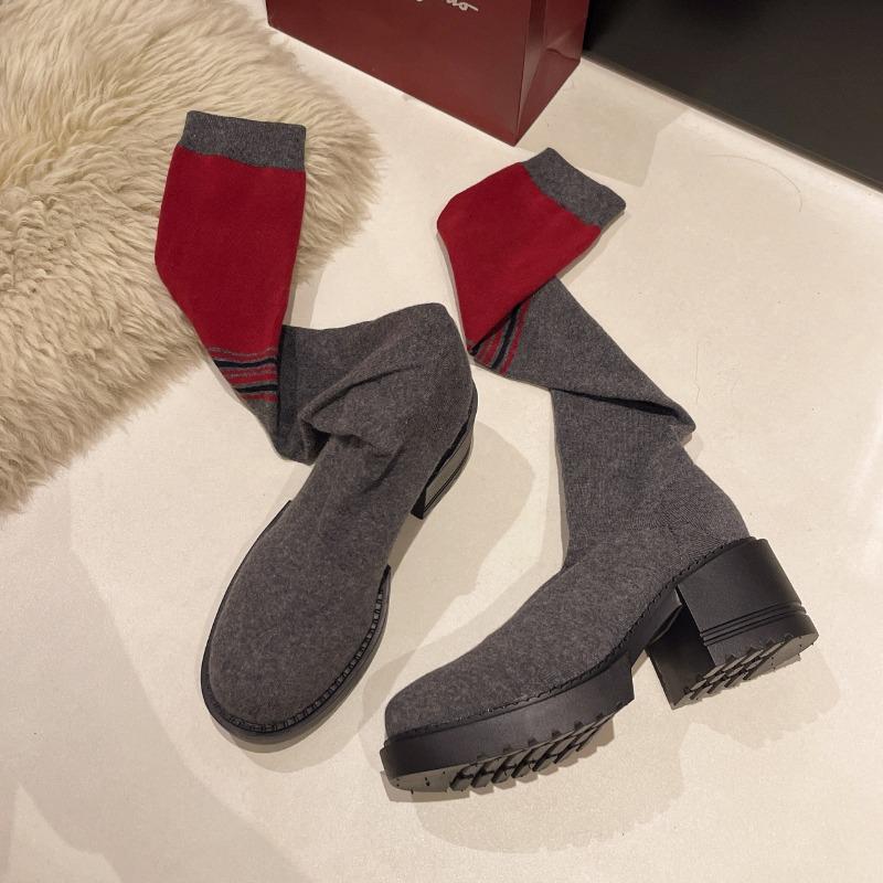 Fashion Long Legs Over The Knee Socks Boots for Women Spring and Autumn Round Toe Stretch Cloth Color Block Block Heel Stretch Boots