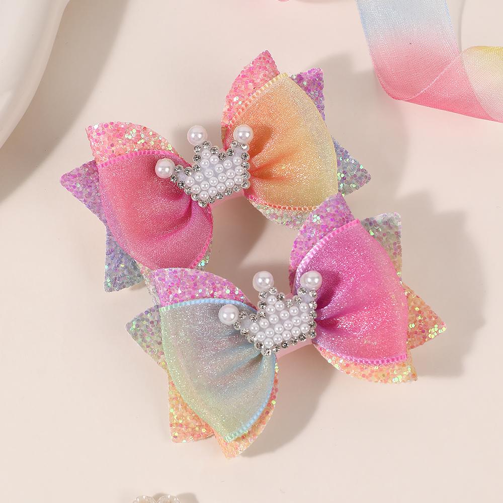 2Pcs Sweet Tulle Barrette Hair Bow Clip Sparkly Glitter Pigtails Hair Clip with Pearl Crown Headdress Kids