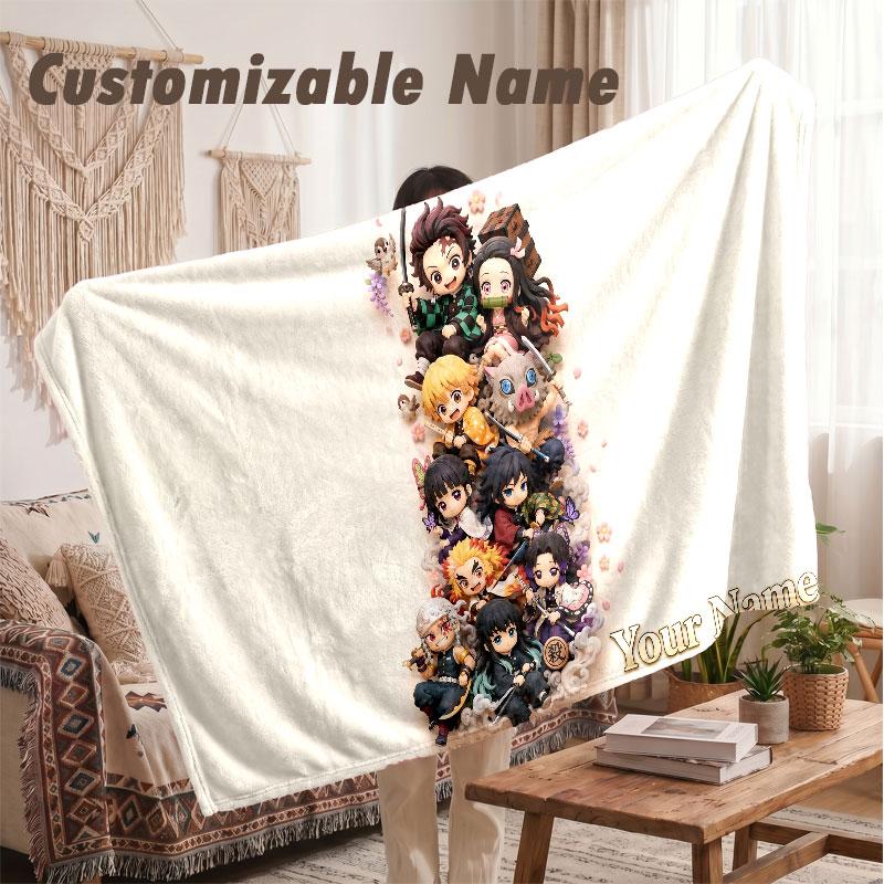 Custom Name Flannel Blanket,Demon Slayer Lightweight Warm Bed Blanket For Couch & Holiday Gift