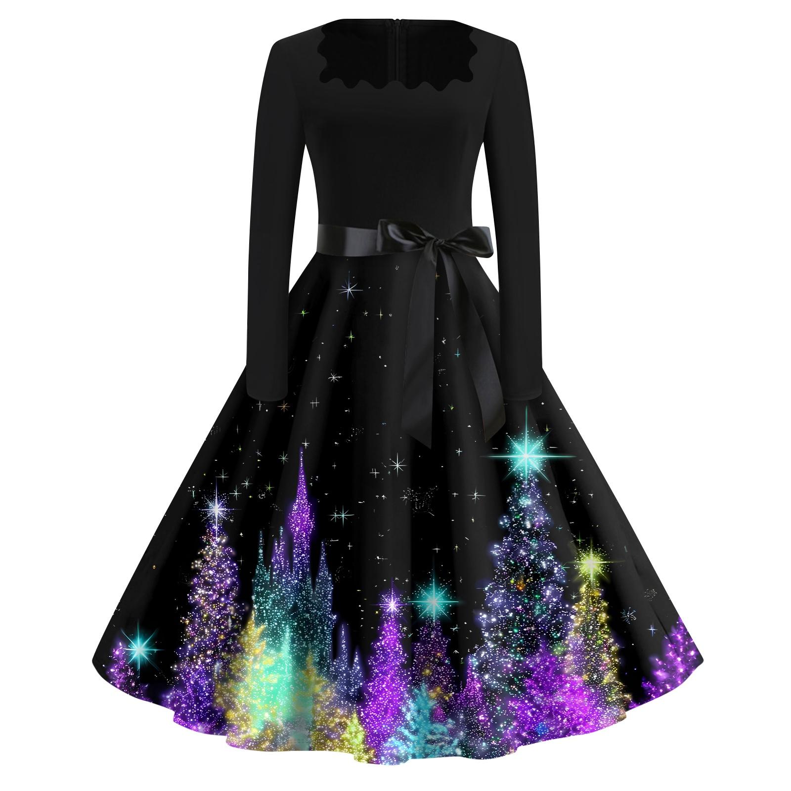 

Рождественский принт расклешенное платье для женщин платье с длинным рукавом ажурное вечернее повседневное платье с квадратным воротником XL