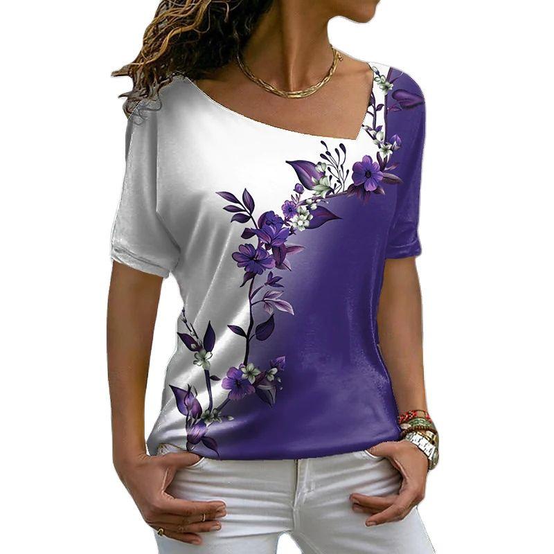 Summer Women's T-shirts 3d Flower Print V Neck Short Sleeve Tops Casual Ladies T Shirt Fashion Harajuku Tees Women Clothing Y2k