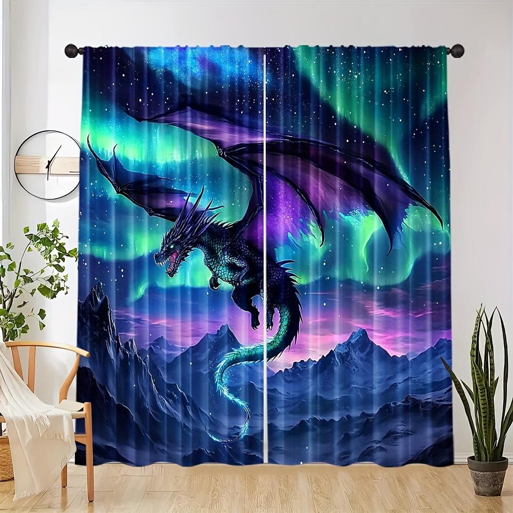 2pcs Elegant Dragon Battle Print Curtains- Vibrant Aurora& Mountain Scene, Polyester, Light-Filtering, Rod Pocket, Machine Washa