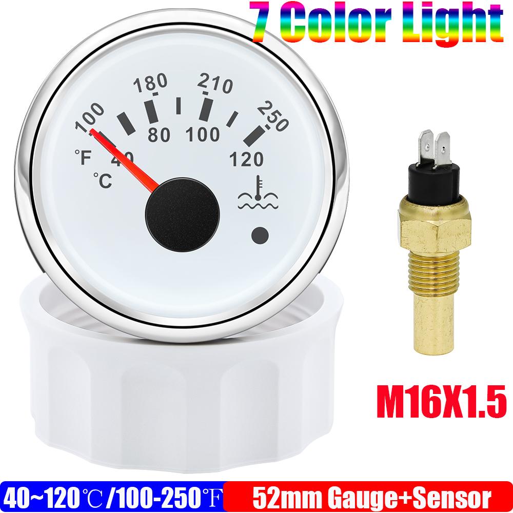 40~120℃,100~250℉ 52mm Water Temp Gauge+Sensor 1/8NPT 7 Color LED Water Temperature Meter Alarm Auto Car Marine Boat Motor 12V24V