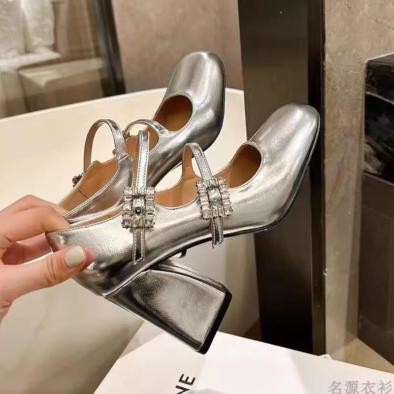 Mary Jane shoes black fashion rhinestone square buckle small leather shoes single shoes thick heel one-word buckle retro high heels women