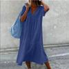9 Colors Solid Color Cotton Linen Midi Dresses Women Fashion Casual V-neck Short Sleeves Loose Dress Simple Style Lady Dress