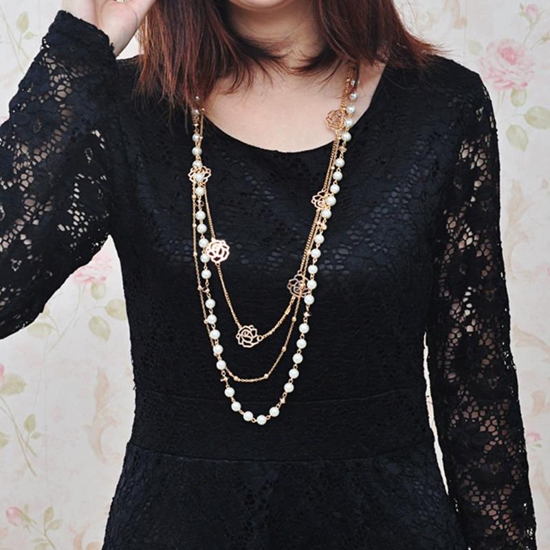 

Ожерелье из жемчуга с розовым цветком, длинная цепочка для свитера, роскошное многослойное ожерелье для женщин, аксессуары для платья, подарок