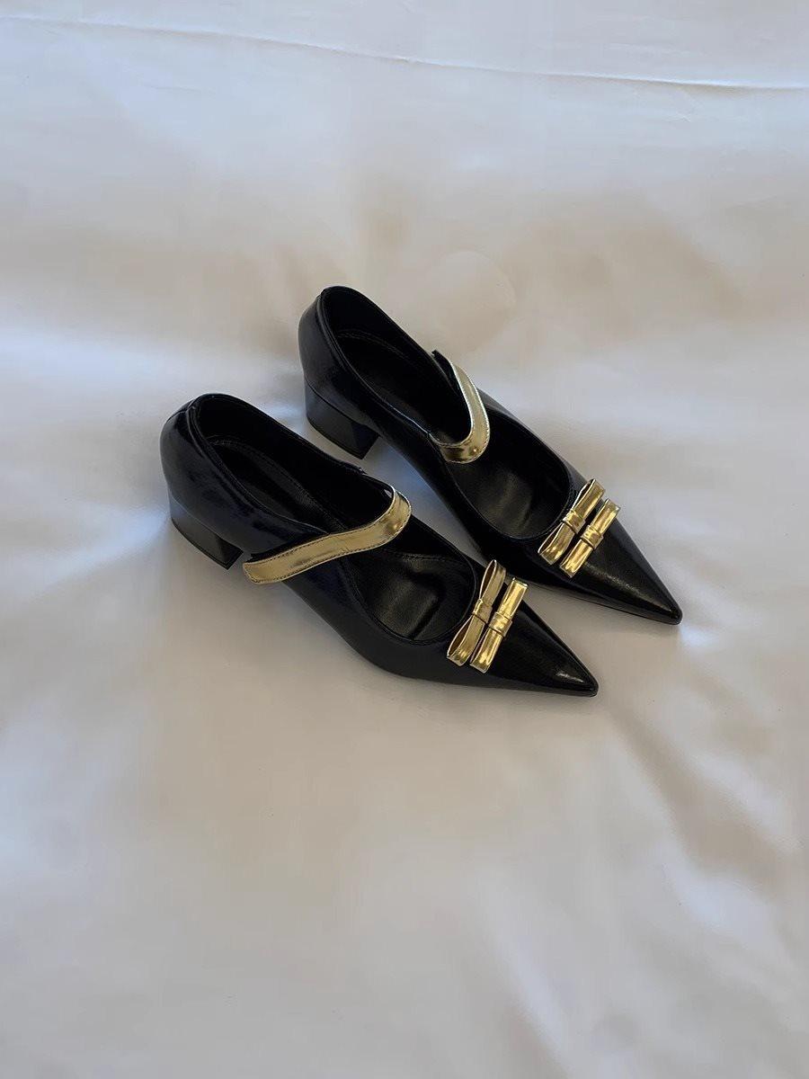 

Coarse heel shoes Mary Jane shoes French new color matching Velcro high heel bow 2025 pointed black temperament women 40 золотой