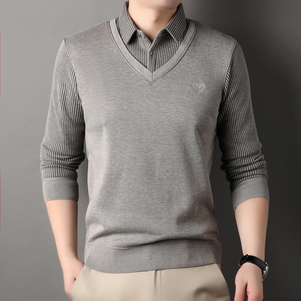 Male Autumn Knit Pullover Polo Shirts Shirt Collar Sweater Pullovers Men'S Business Casual Fashion Stripe Top Clothing