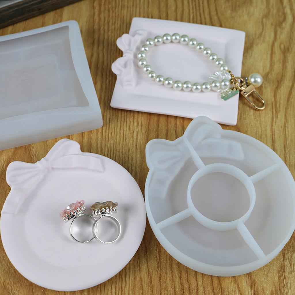 Bowknot Storage Tray Clay Silicone Mold Jewelry Display Epoxy Resin Molds Round Candle Cup Coaster Gypsum Plaster Molds