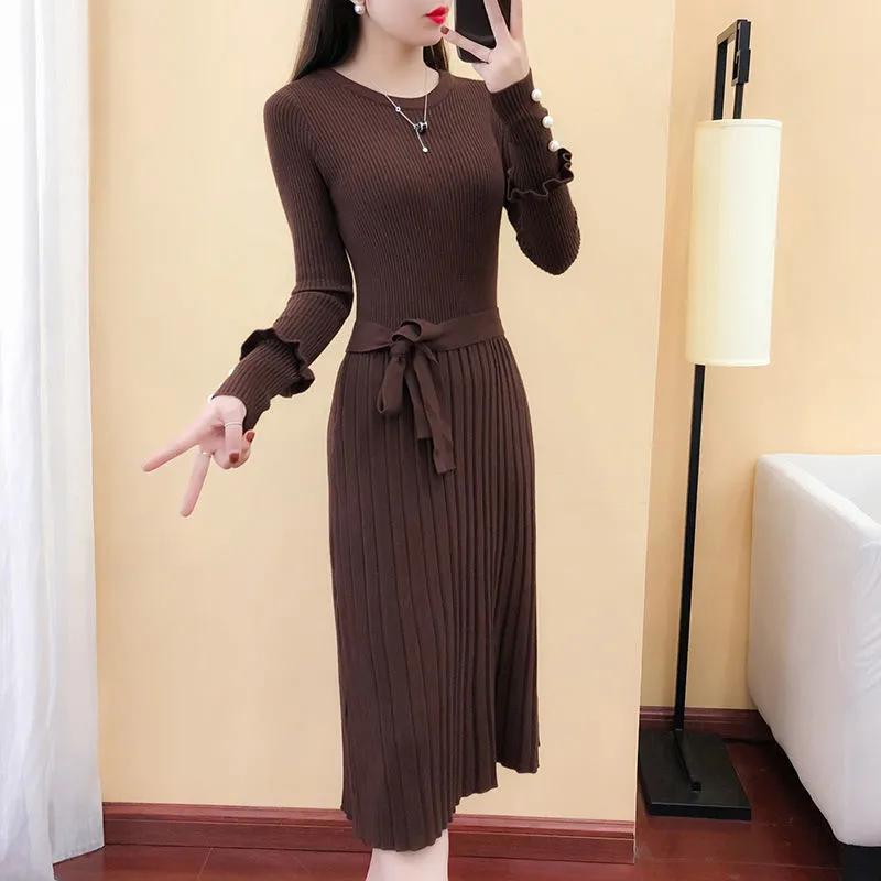 Pull d'automne pour femmes Robe slim couleur unie Élégantes robes tricotées mi-longues