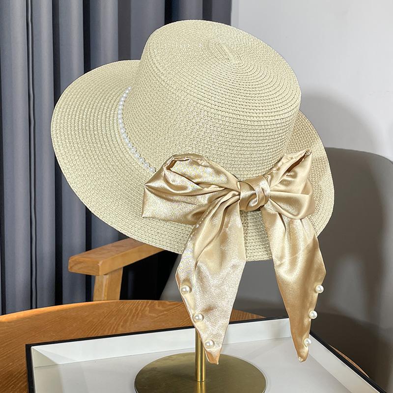 Summer Elegant Ribbon Bow Pearl Grass Hat Women's Seaside Beach Outing Shading Versatile Top Hat Tide