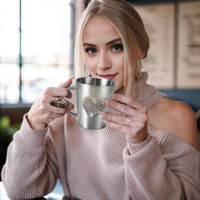 Coffee Mug Heart-Shaped Rhinestone Water Cup Stainless Steel Faux Crystal Mugs for Hot Beverage Tea Drinker Essential Gift for Coffee Lovers