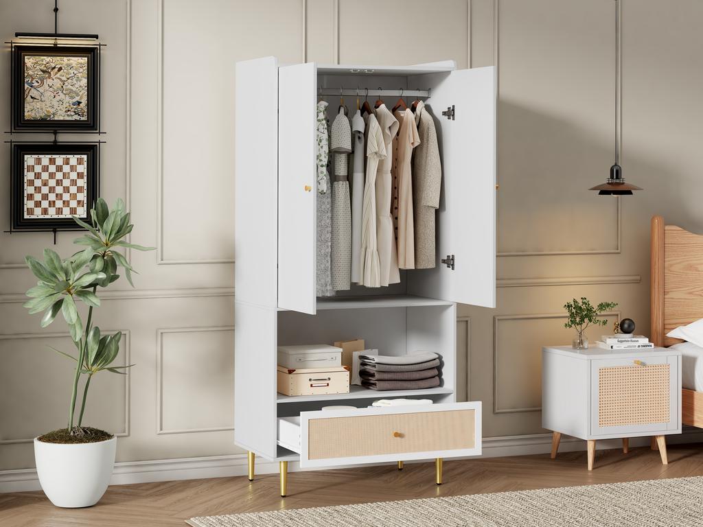 Wardrobe with 2 Doors, Large Rattan Drawer and Clothes Rail. With Metal Legs and Handles – Perfect for Bedroom and Living Room. White, 80x48x175 Cm