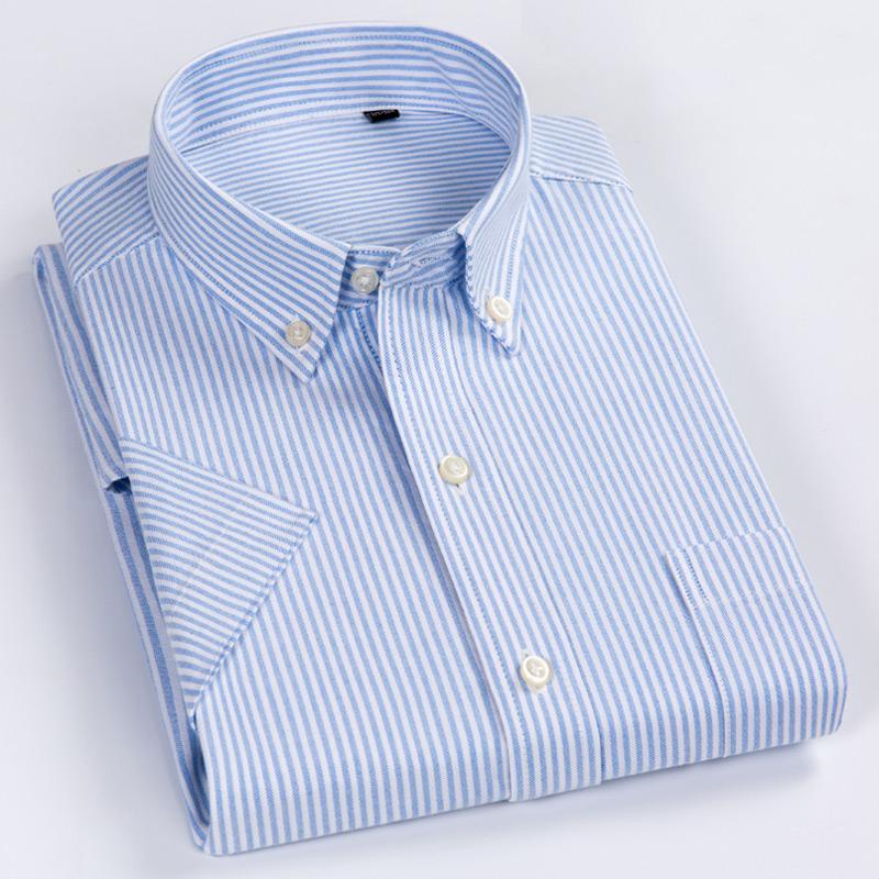 Men's Fashion Plaid Checkered Short Sleeve 100% Cotton Shirt Button-collar Holiday Youthful Striped Summer Casual Gingham Shirts