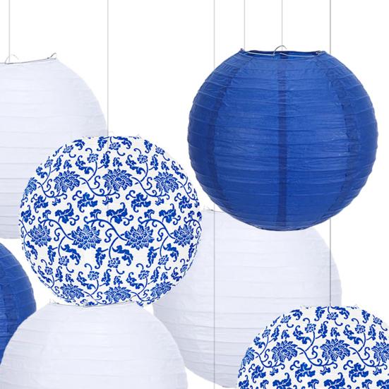 9 Pezzi Lanterna Chinoiserie Blu e Bianca Appesa Lanterna di Carta Rotonda Decorazione per Matrimonio Festa di Compleanno Decorazione da Soffitto