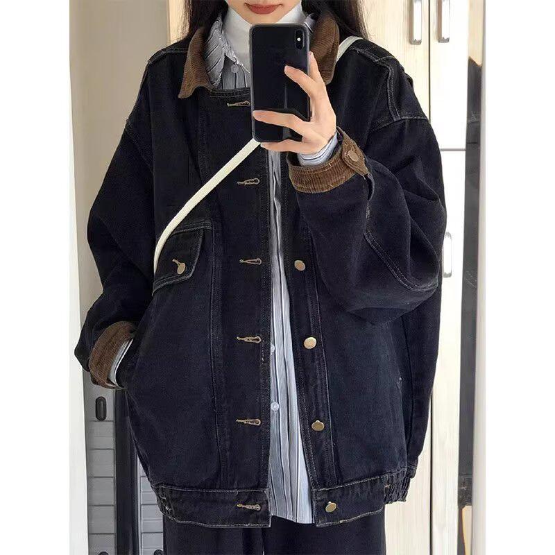 Plus Size Black Retro Denim Jacket for Women - Hong Kong Style, Loose Fit, Slimming, Spring/Autumn Design. 3XL чёрный