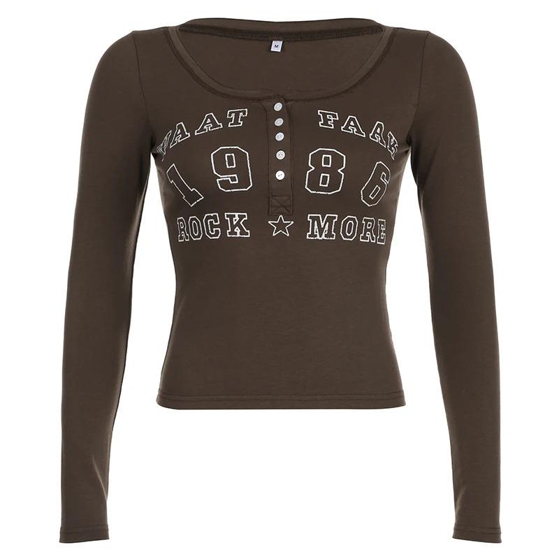 Vintage Top s potiskem písmen Dámský Retro Grunge Knoflíkový Véčkový výstřih Dlouhý rukáv Tričko Podzim Zima Základní Tričko Femme Oblečení
