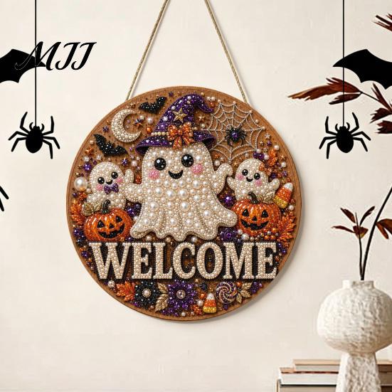 Cat Welcome Sign Kit Halloween Faux Pearl Door Kit, Ghost Skull Skeleton Crafts Handmade Painting Arts for Wall Decoration DIY Art