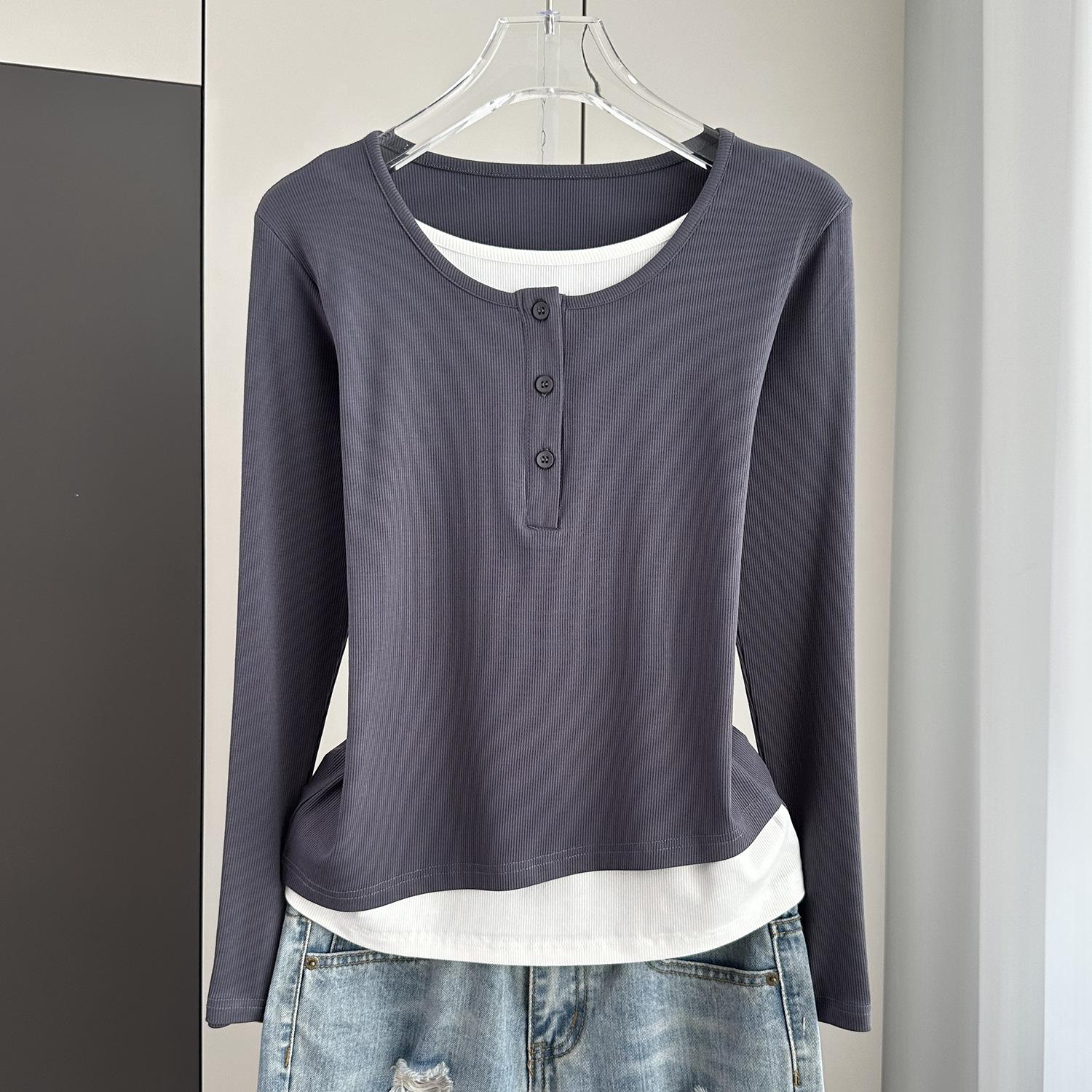 

Fake Two-Piece Long Sleeve T-Shirt Loose Slim Base Top For Early Autumn Stretchy Slim Base Layer Soft Ribbed Fabric Good For Inner And Outer Wear Top 2XL