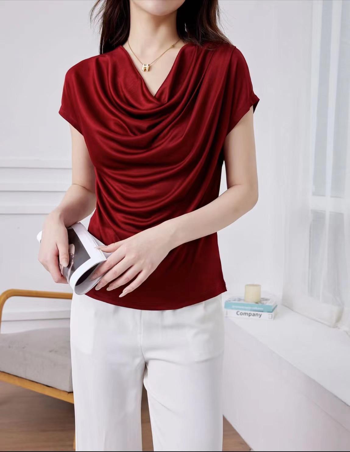 

Женская футболка из французского триацетата с нерегулярным вырезом-хомутом - Повседневная, с коротким рукавом, с ощущением прохлады XL (105-120 cm)