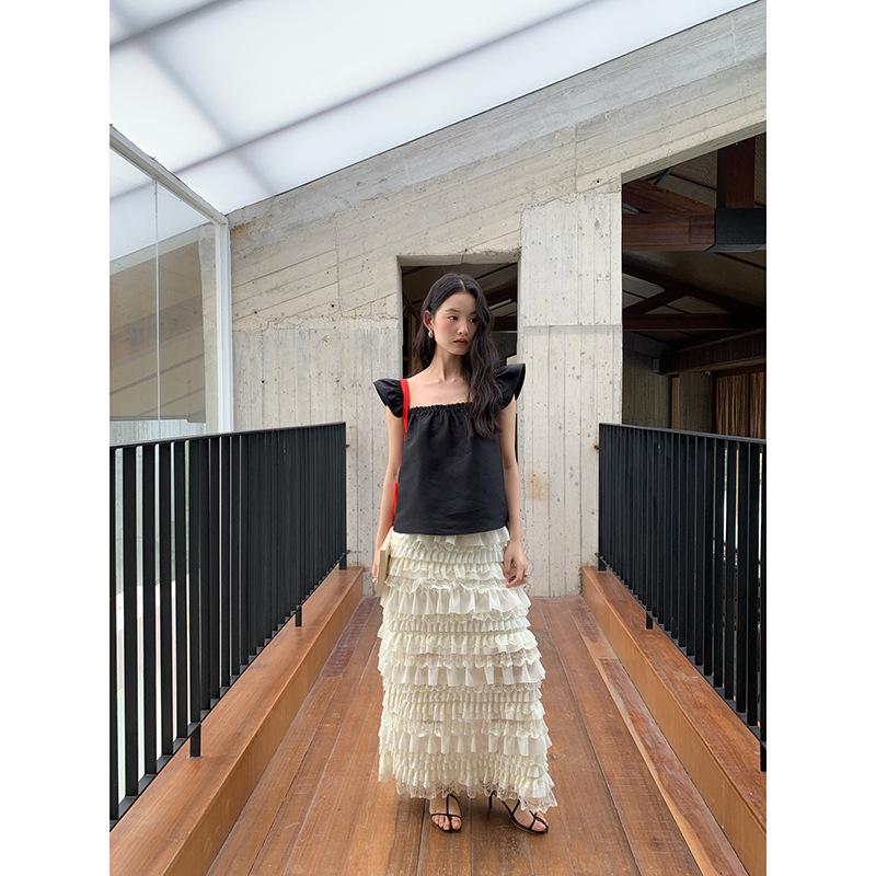 NEWOPEN Summer Pleated Lace High-Waisted Layered Cake Midi Skirt