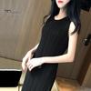 Women Vest Dress Pleated Loose Round Neck Solid Color Straight OL Commuting Dress Sleeveless Calf Length Midi Dress