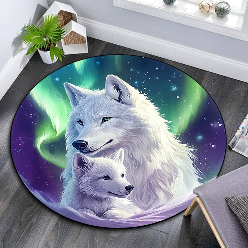 Weißer Wolf Runder Teppich, Teppich für Wohnzimmer Schlafzimmer Sofa Spielzimmer Dekor, Rutschfeste Bodenmatte