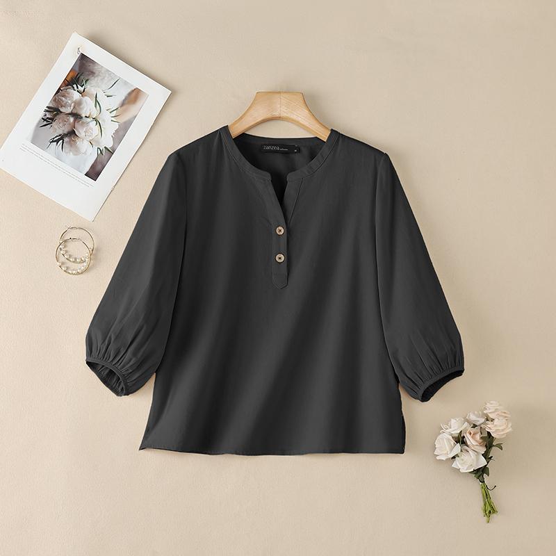 ZANZEA Women Casual V-Neck Solid Color 3/4 Sleeve Blouse