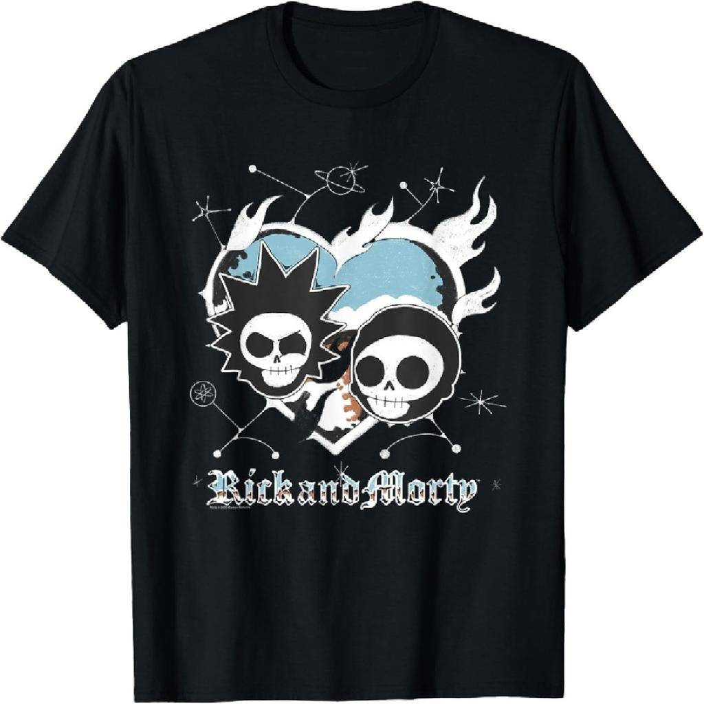 Rick and Morty Flaming Chrome Heart with Skulls Cartoon T-Shirt