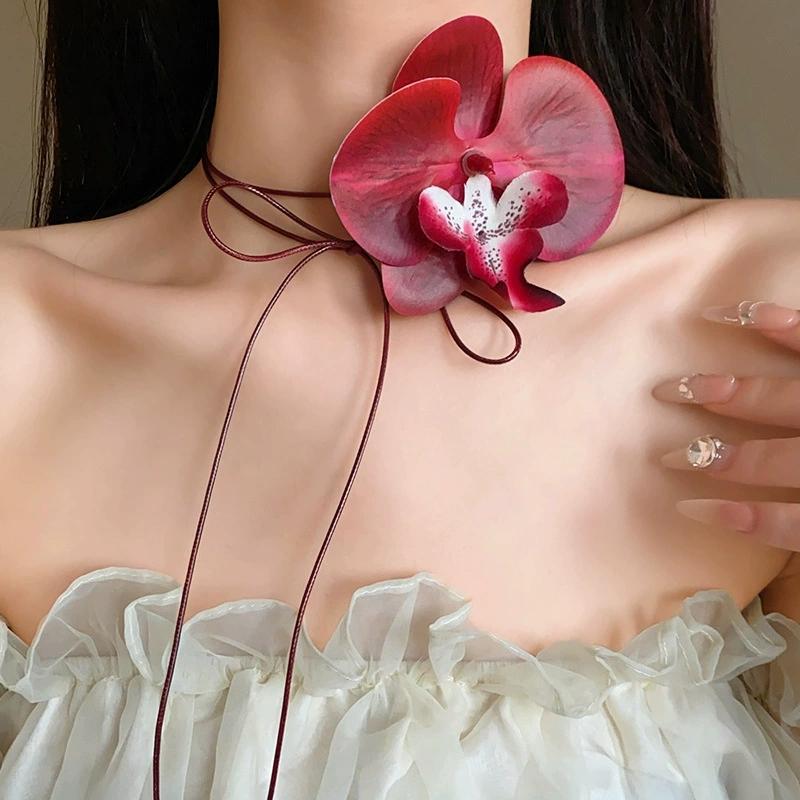 

Elegant Large Butterfly Orchid Flower Necklace for Women Chain Jewelry On Neck Y2K Jewelry Party Holiday Gift 140cm