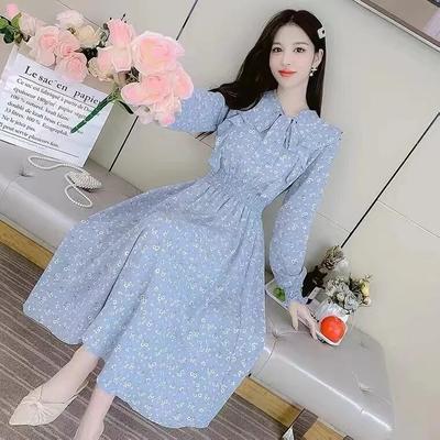 Spring Autumn Women Long Sleeve Dress Retro Collar Casual Slim Dresses Floral Printing Chiffon Clothes