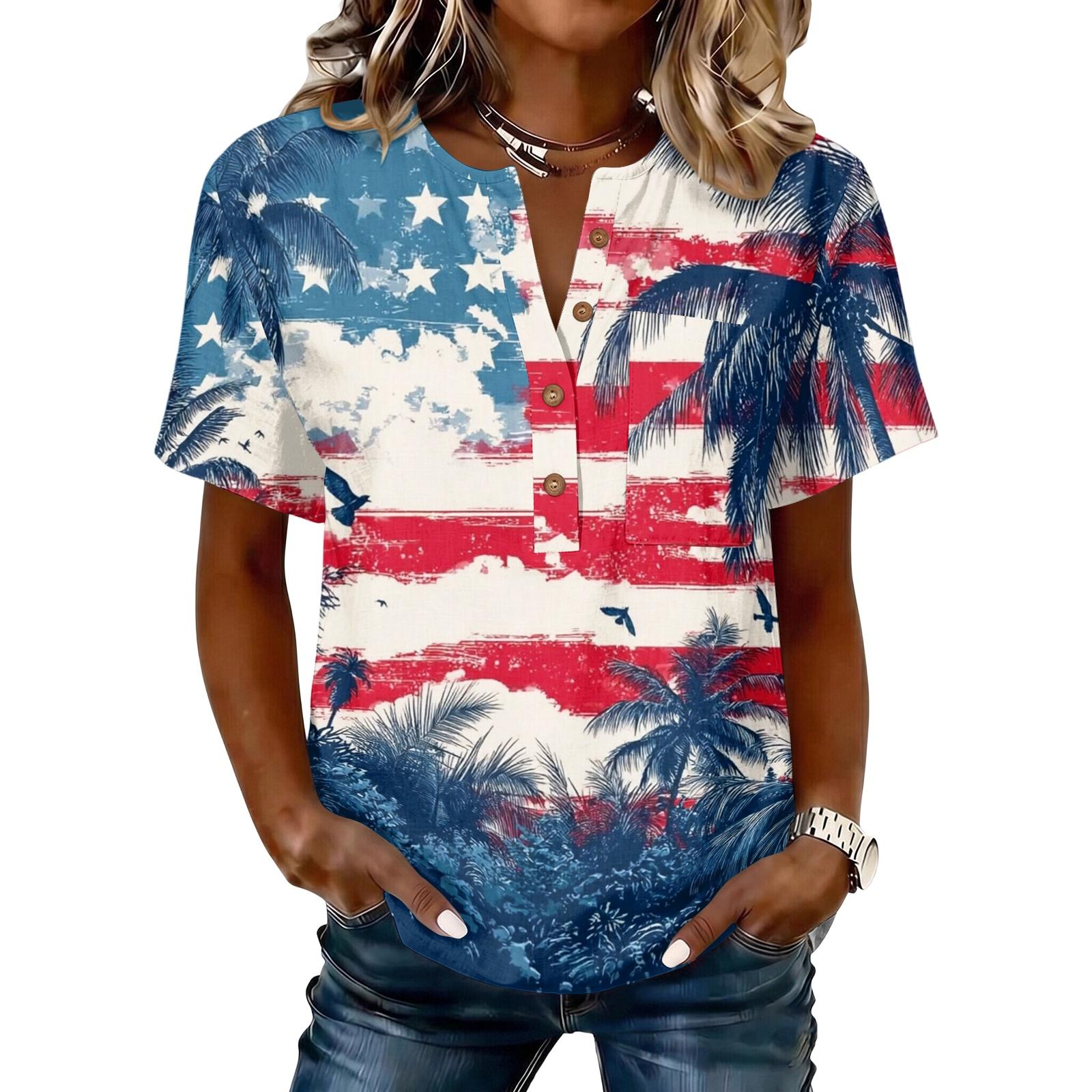 Women Henley Neck Button Front Short Sleeve Shirt Lightweight Cotton Linen Blend Casual Top with Floral and Star Print M синий