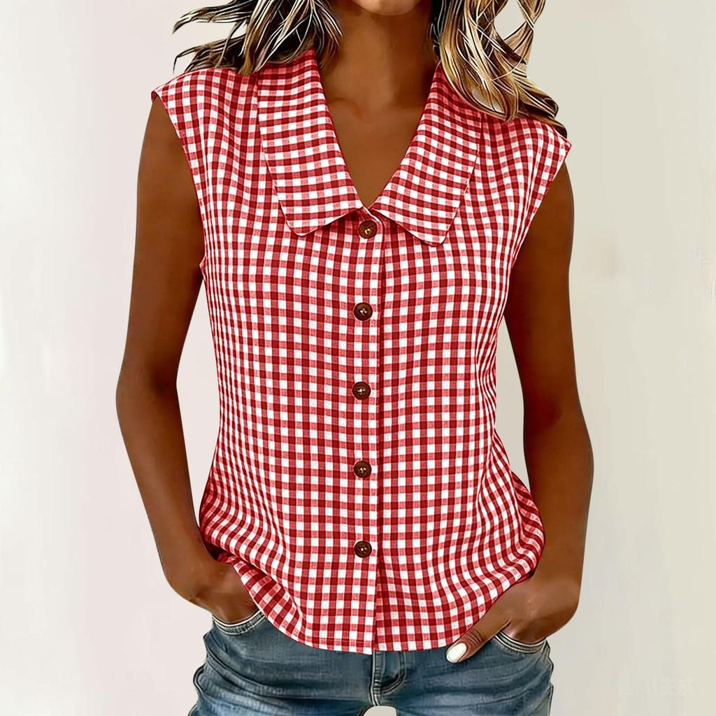 Women's Casual Plaid Sleeveless Collared Top