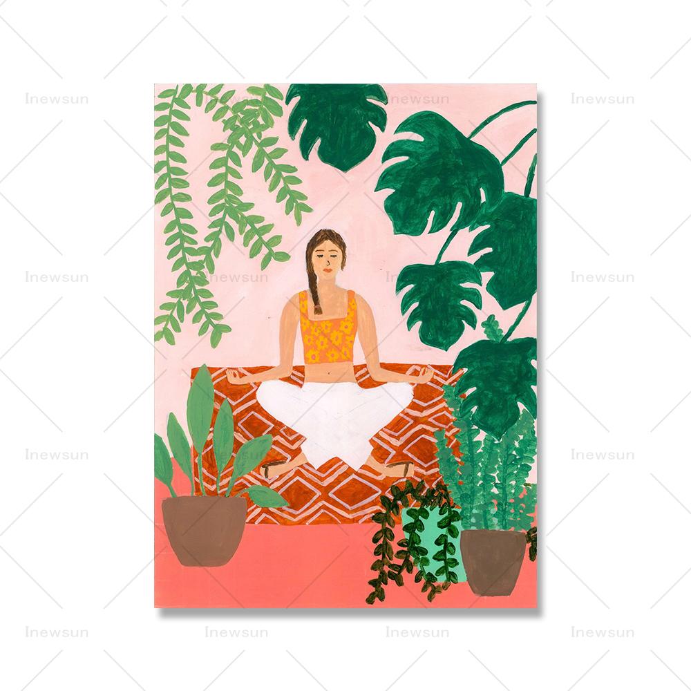 

В медитации художественная печать йога леди растение иллюстрация дышит холст абстракция девушка цветок настенная картина для гостиной домашний декор 21x30cm No Framed