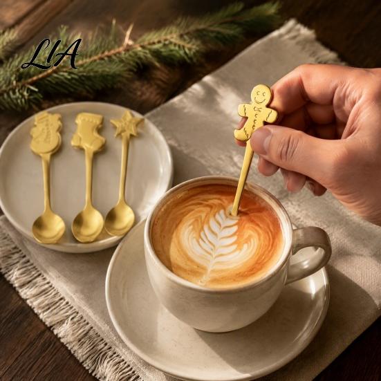 Home Afternoon Tea Accessories 4Pcs Christmas Stainless Steel Spoons Set, Gingerbread Man Tree Coffee Flatware Set Stirring Teaspoons, Dessert