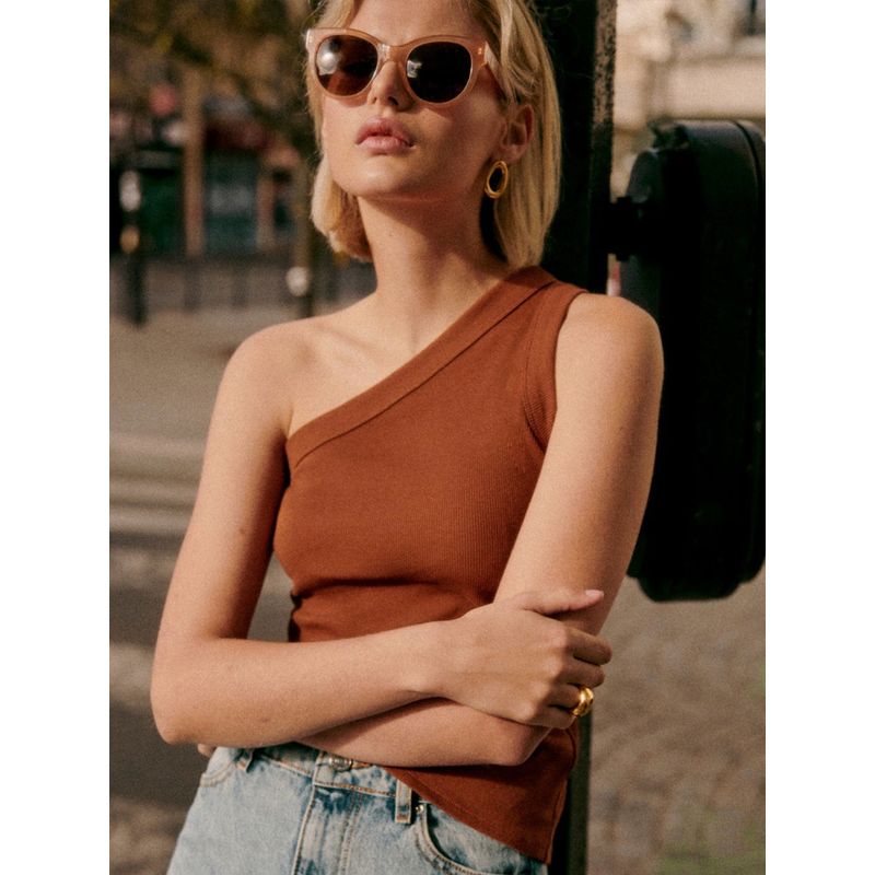 2025 Summer High Density Fashionable One Shoulder Strapless Sloping Shoulder Design One Shoulder Paperman Flab Hiding Knitting Stretch Vest for Women