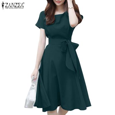 Women Casual O-neck Solid Color Short Sleeve Dress