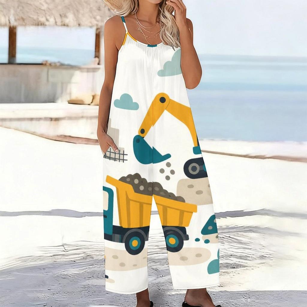 Damen Spaghettiträger Jumpsuit Abstrakt Goldene Verflochtene Herzlinien-Print Weite Hosen mit Taschen