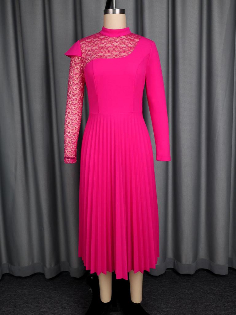 Robes Plissées Élégantes pour Femmes Église Col Mi-Haut Patchwork Dentelle Manches Longues Soirée Anniversaire Mariage Invitée Automne Nouveau