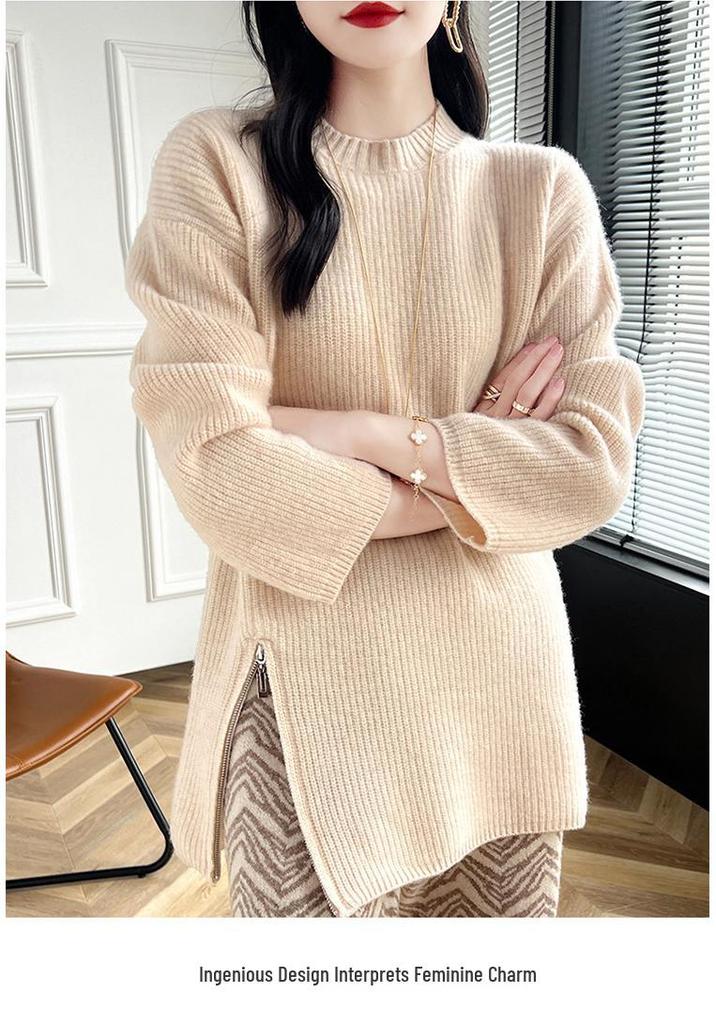 Women's Mid-Length Zipper Pullover Sweater - New Autumn/Winter Casual Knit Round Neck Top