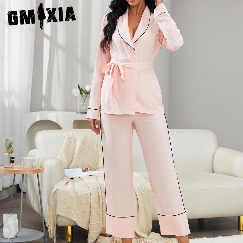 

GMXIA Пижама Женская Осень и Зима Красный Халат с Длинным Рукавом Брюки Домашняя Одежда из Двух Предметов S розовый
