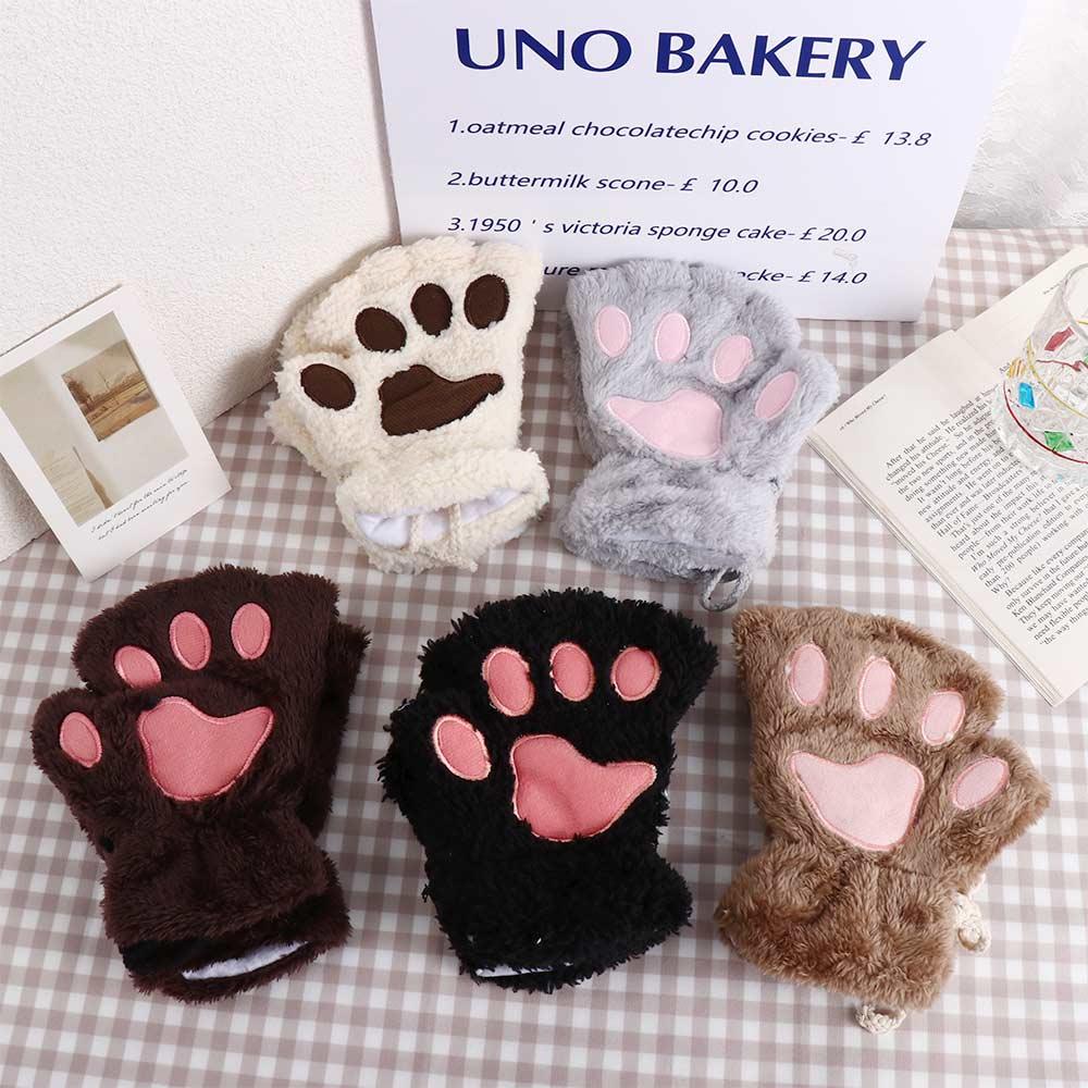 Cute Girl Lovely Claw Cat Plush Warm Fluffy Soft Bear Paw Fingerless Winter Gloves